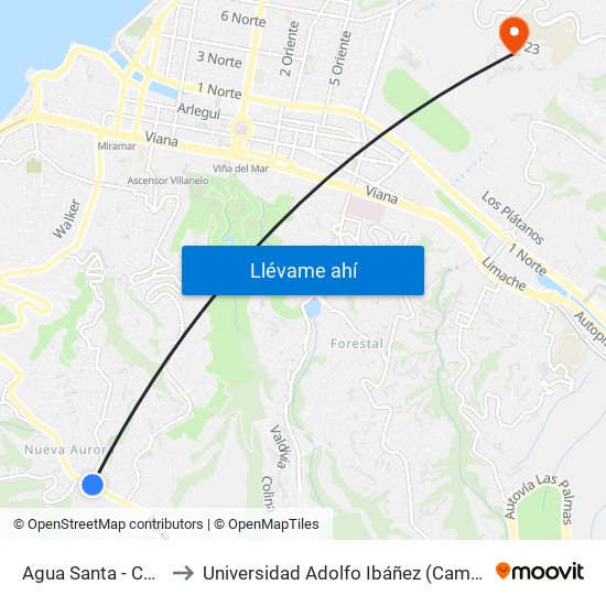 Agua Santa - Concepcion to Universidad Adolfo Ibáñez (Campus Viña Del Mar) map