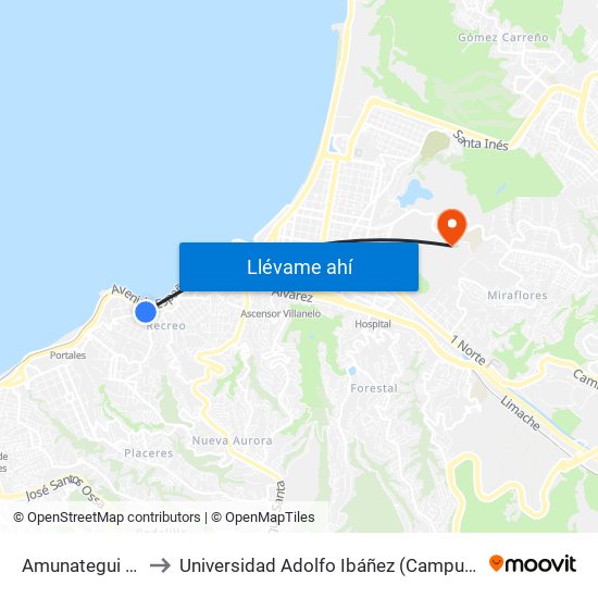 Amunategui / Norte to Universidad Adolfo Ibáñez (Campus Viña Del Mar) map