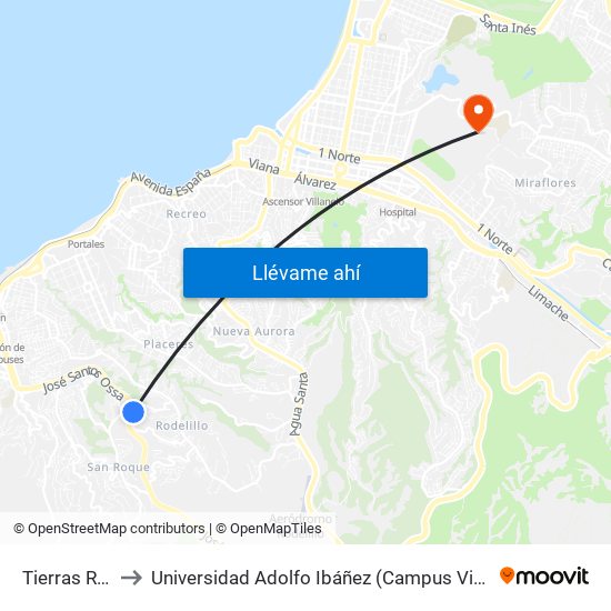 Tierras Rojas to Universidad Adolfo Ibáñez (Campus Viña Del Mar) map