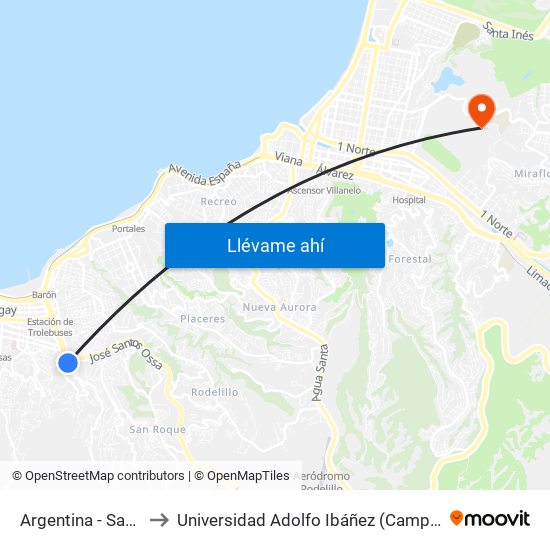 Argentina - Santa Elena to Universidad Adolfo Ibáñez (Campus Viña Del Mar) map