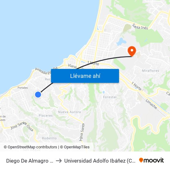 Diego De Almagro - Viña Del Mar to Universidad Adolfo Ibáñez (Campus Viña Del Mar) map