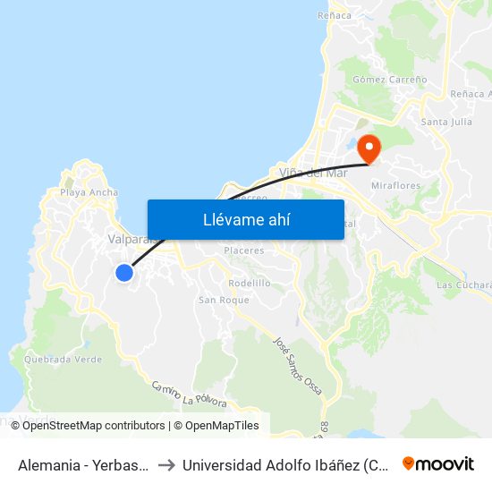 Alemania - Yerbas Buenas / Sur to Universidad Adolfo Ibáñez (Campus Viña Del Mar) map