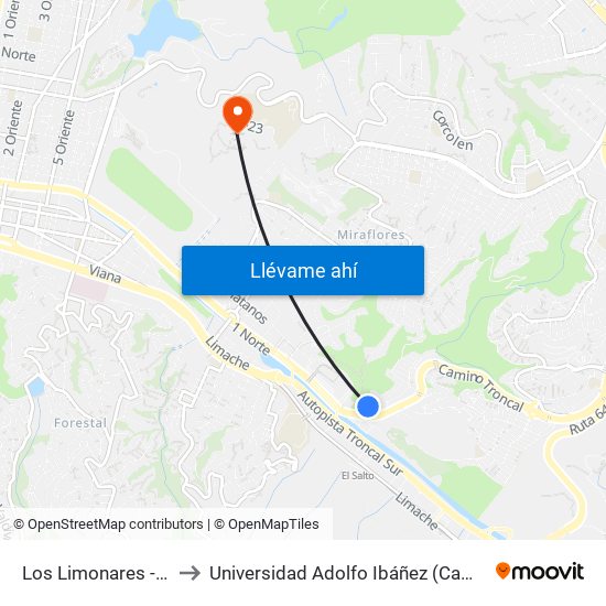 Los Limonares - Uno Norte to Universidad Adolfo Ibáñez (Campus Viña Del Mar) map