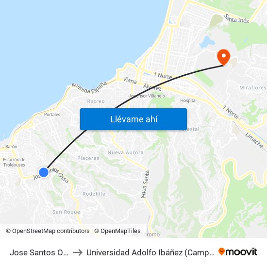 Jose Santos Ossa - Sur to Universidad Adolfo Ibáñez (Campus Viña Del Mar) map