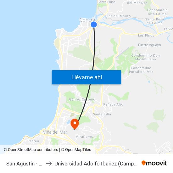 San Agustin - Calle 13 to Universidad Adolfo Ibáñez (Campus Viña Del Mar) map