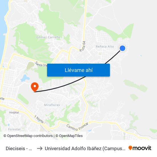 Dieciseis - Octava to Universidad Adolfo Ibáñez (Campus Viña Del Mar) map
