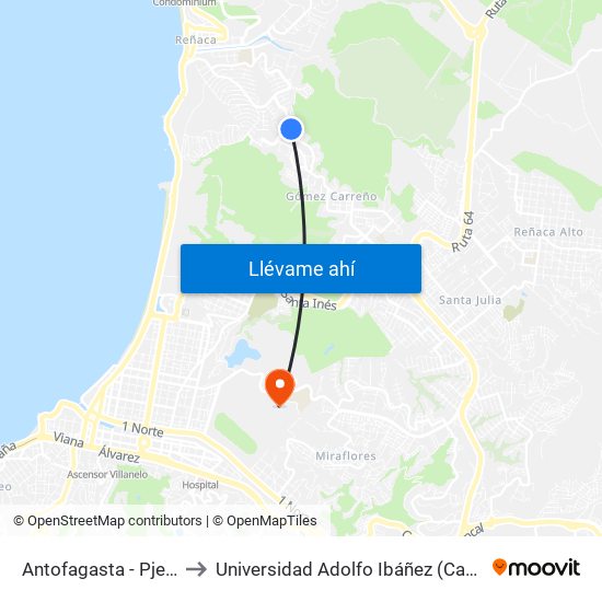 Antofagasta - Pje Veinticinco to Universidad Adolfo Ibáñez (Campus Viña Del Mar) map