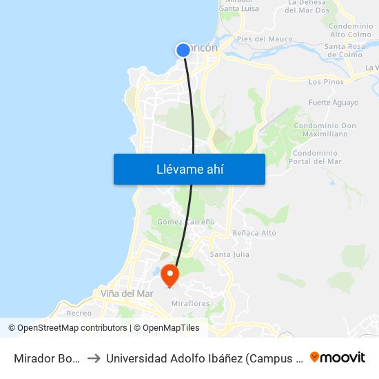 Mirador Borgoño to Universidad Adolfo Ibáñez (Campus Viña Del Mar) map