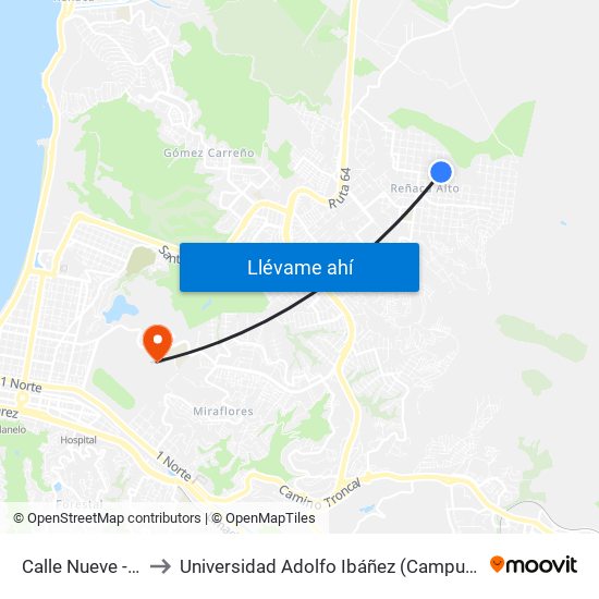 Calle Nueve - Quinta to Universidad Adolfo Ibáñez (Campus Viña Del Mar) map
