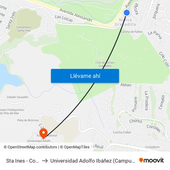 Sta Ines - Cohiueco to Universidad Adolfo Ibáñez (Campus Viña Del Mar) map