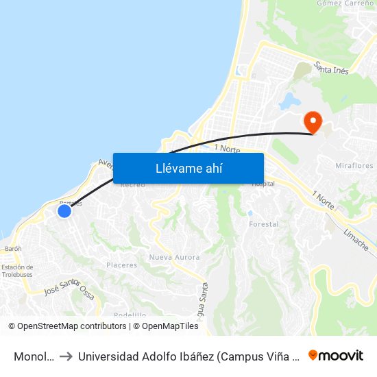 Monolito to Universidad Adolfo Ibáñez (Campus Viña Del Mar) map