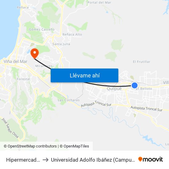 Hipermercado Lider to Universidad Adolfo Ibáñez (Campus Viña Del Mar) map