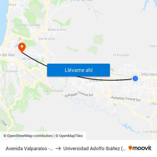 Avenida Valparaíso - Nazareth / Norte to Universidad Adolfo Ibáñez (Campus Viña Del Mar) map