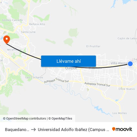 Baquedano / Sur to Universidad Adolfo Ibáñez (Campus Viña Del Mar) map