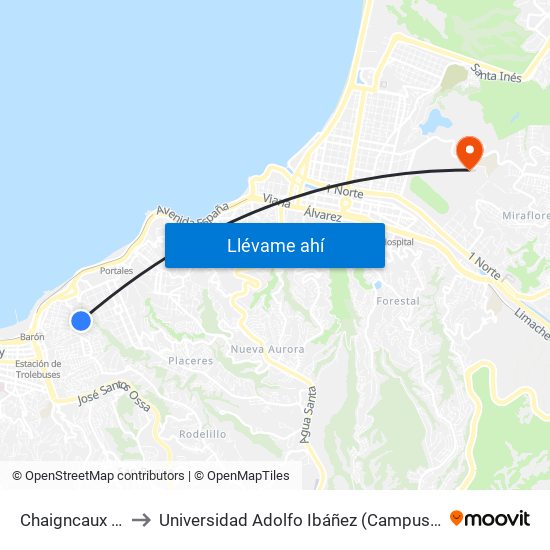 Chaigncaux - Vega to Universidad Adolfo Ibáñez (Campus Viña Del Mar) map