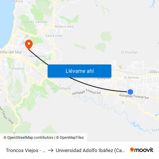 Troncos Viejos - Las Lomas to Universidad Adolfo Ibáñez (Campus Viña Del Mar) map