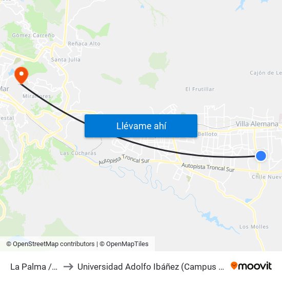 La Palma / 4 Sur to Universidad Adolfo Ibáñez (Campus Viña Del Mar) map