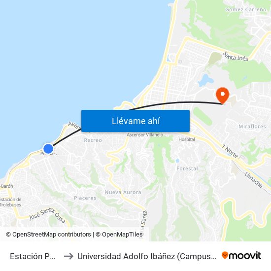 Estación Portales to Universidad Adolfo Ibáñez (Campus Viña Del Mar) map