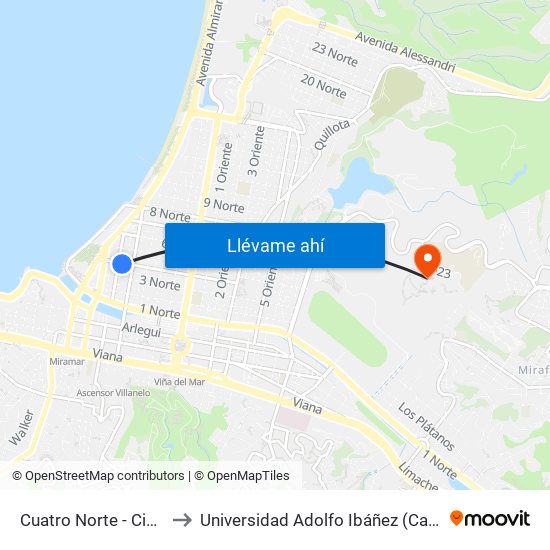 Cuatro Norte - Cinco Poniente to Universidad Adolfo Ibáñez (Campus Viña Del Mar) map