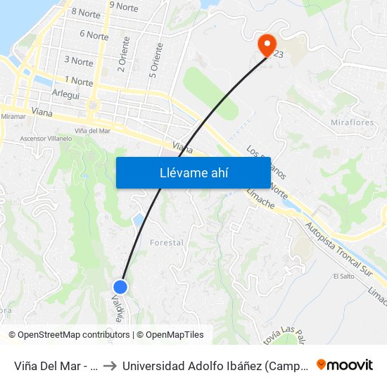 Viña Del Mar - Valdivia to Universidad Adolfo Ibáñez (Campus Viña Del Mar) map
