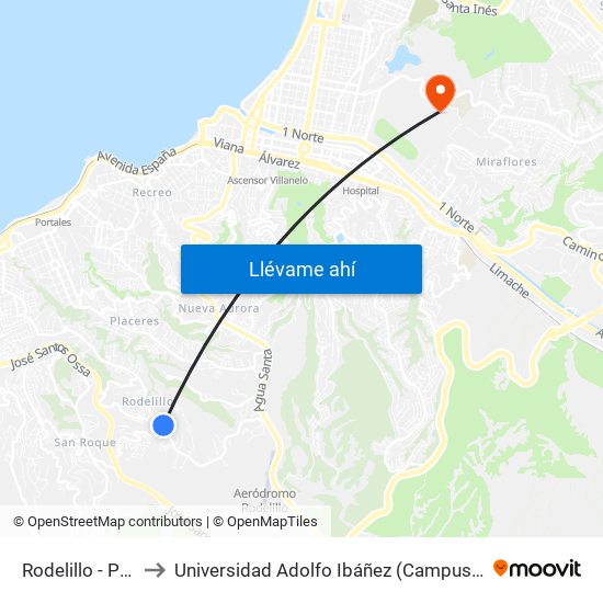 Rodelillo - Ptrohue to Universidad Adolfo Ibáñez (Campus Viña Del Mar) map