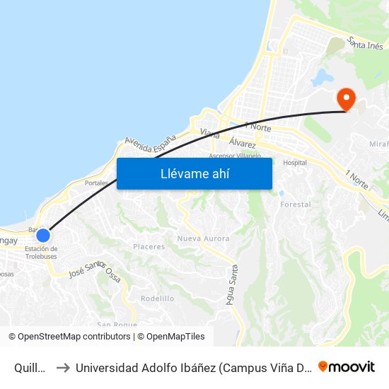 Quillota to Universidad Adolfo Ibáñez (Campus Viña Del Mar) map