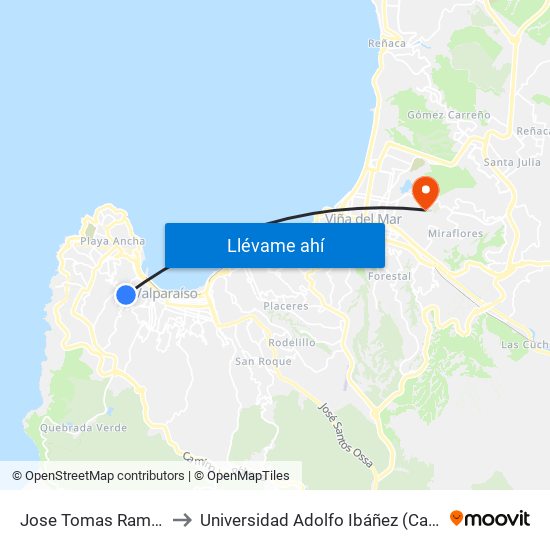 Jose Tomas Ramos - Miranda to Universidad Adolfo Ibáñez (Campus Viña Del Mar) map