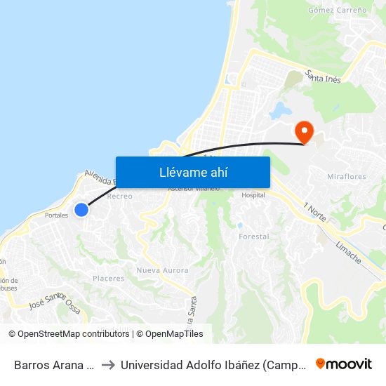 Barros Arana - Stuven to Universidad Adolfo Ibáñez (Campus Viña Del Mar) map