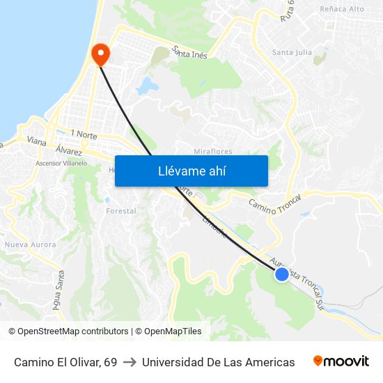 Camino El Olivar, 69 to Universidad De Las Americas map