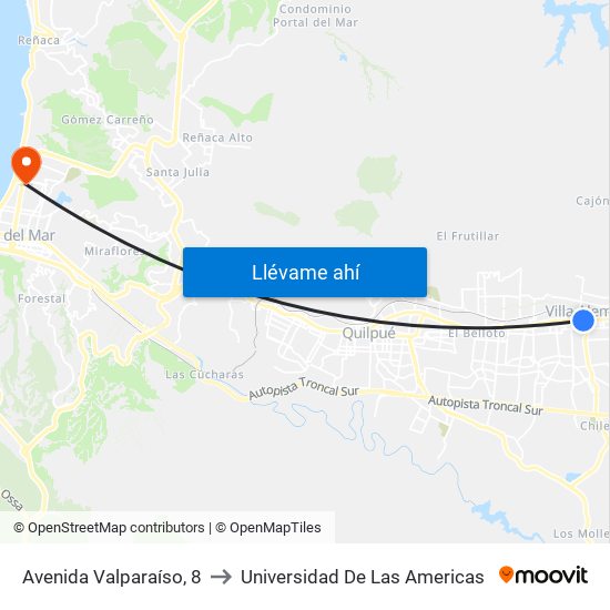 Avenida Valparaíso, 8 to Universidad De Las Americas map