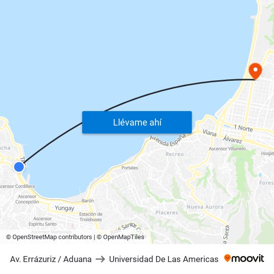 Av. Errázuriz / Aduana to Universidad De Las Americas map