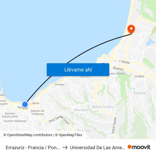 Errazuriz - Francia / Poniente to Universidad De Las Americas map