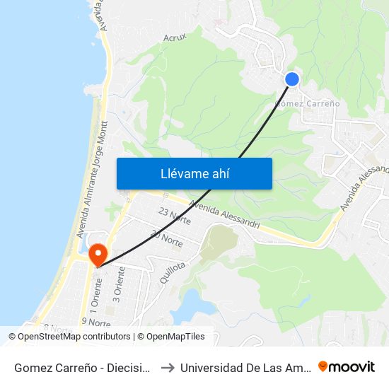 Gomez Carreño - Diecisiete Pte to Universidad De Las Americas map