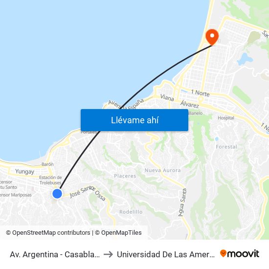 Av. Argentina - Casablanca to Universidad De Las Americas map