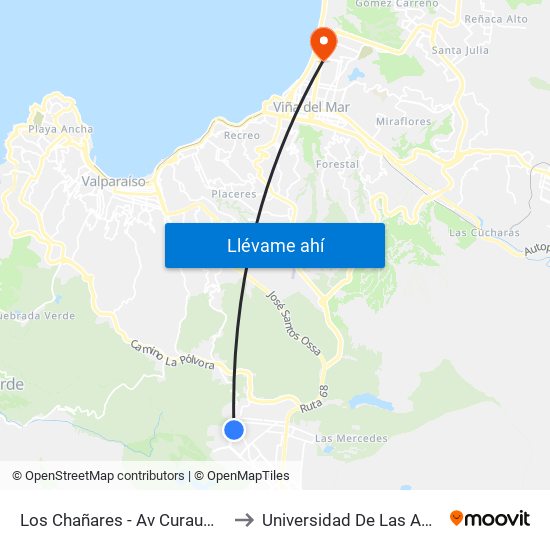Los Chañares - Av Curauma Norte to Universidad De Las Americas map