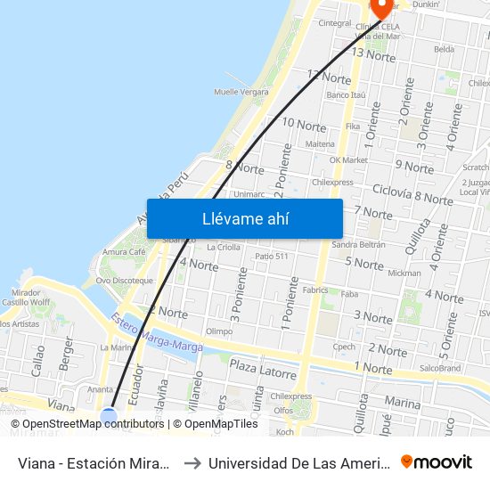 Viana - Estación Miramar to Universidad De Las Americas map