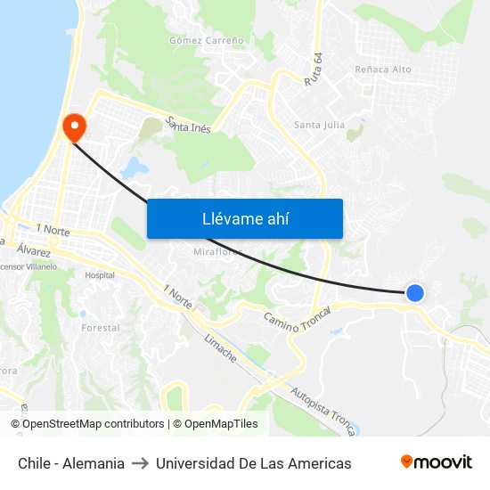 Chile - Alemania to Universidad De Las Americas map