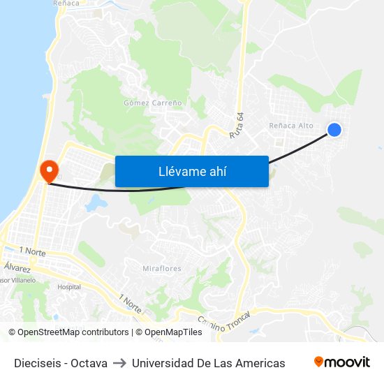 Dieciseis - Octava to Universidad De Las Americas map