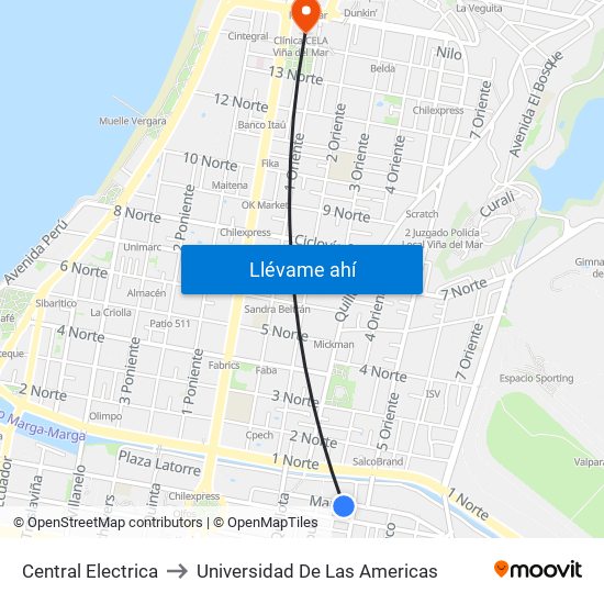 Central Electrica to Universidad De Las Americas map