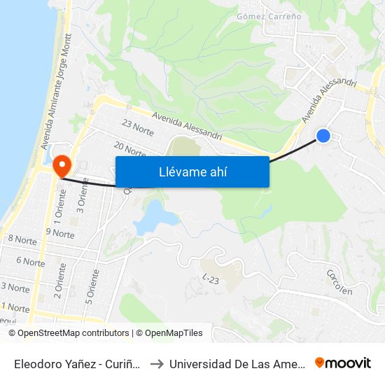 Eleodoro Yañez - Curiñanco to Universidad De Las Americas map