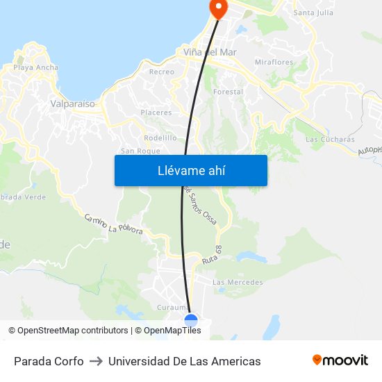 Parada Corfo to Universidad De Las Americas map