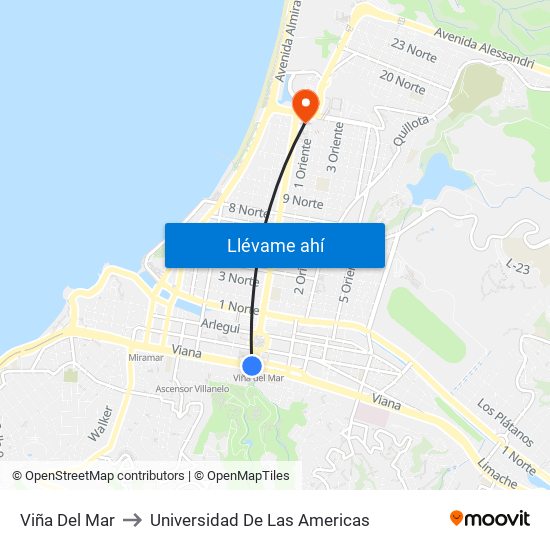 Viña Del Mar to Universidad De Las Americas map