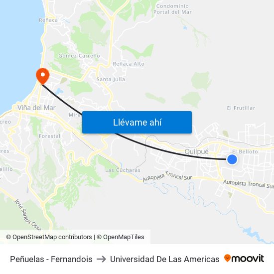 Peñuelas - Fernandois to Universidad De Las Americas map
