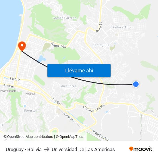 Uruguay - Bolivia to Universidad De Las Americas map