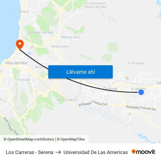 Los Carreras - Serena to Universidad De Las Americas map