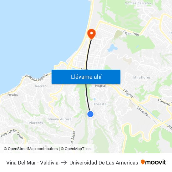 Viña Del Mar - Valdivia to Universidad De Las Americas map