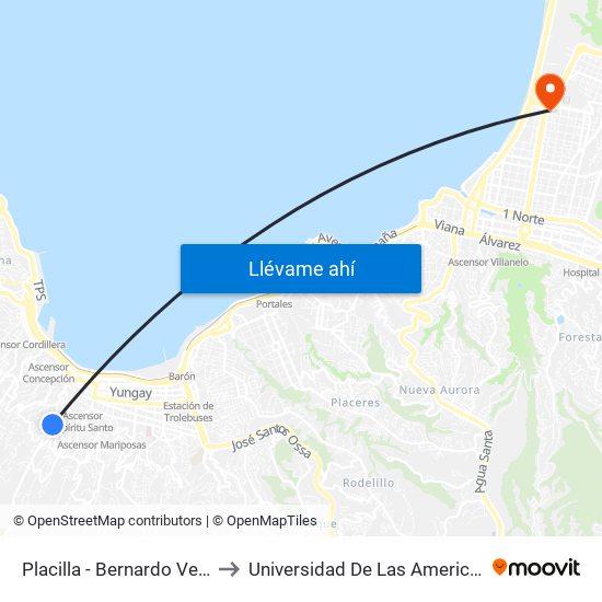 Placilla - Bernardo Vera to Universidad De Las Americas map