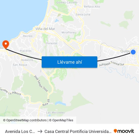 Avenida Los Carrera, 1544 to Casa Central Pontificia Universidad Católica De Valparaíso map