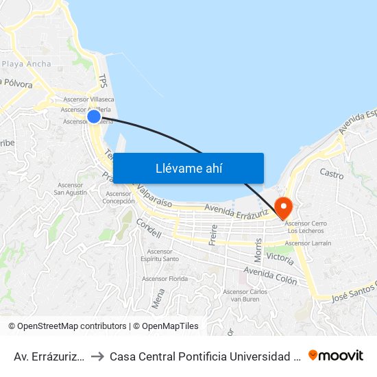 Av. Errázuriz / Aduana to Casa Central Pontificia Universidad Católica De Valparaíso map
