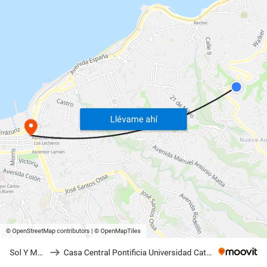 Sol Y Mar, 535 to Casa Central Pontificia Universidad Católica De Valparaíso map